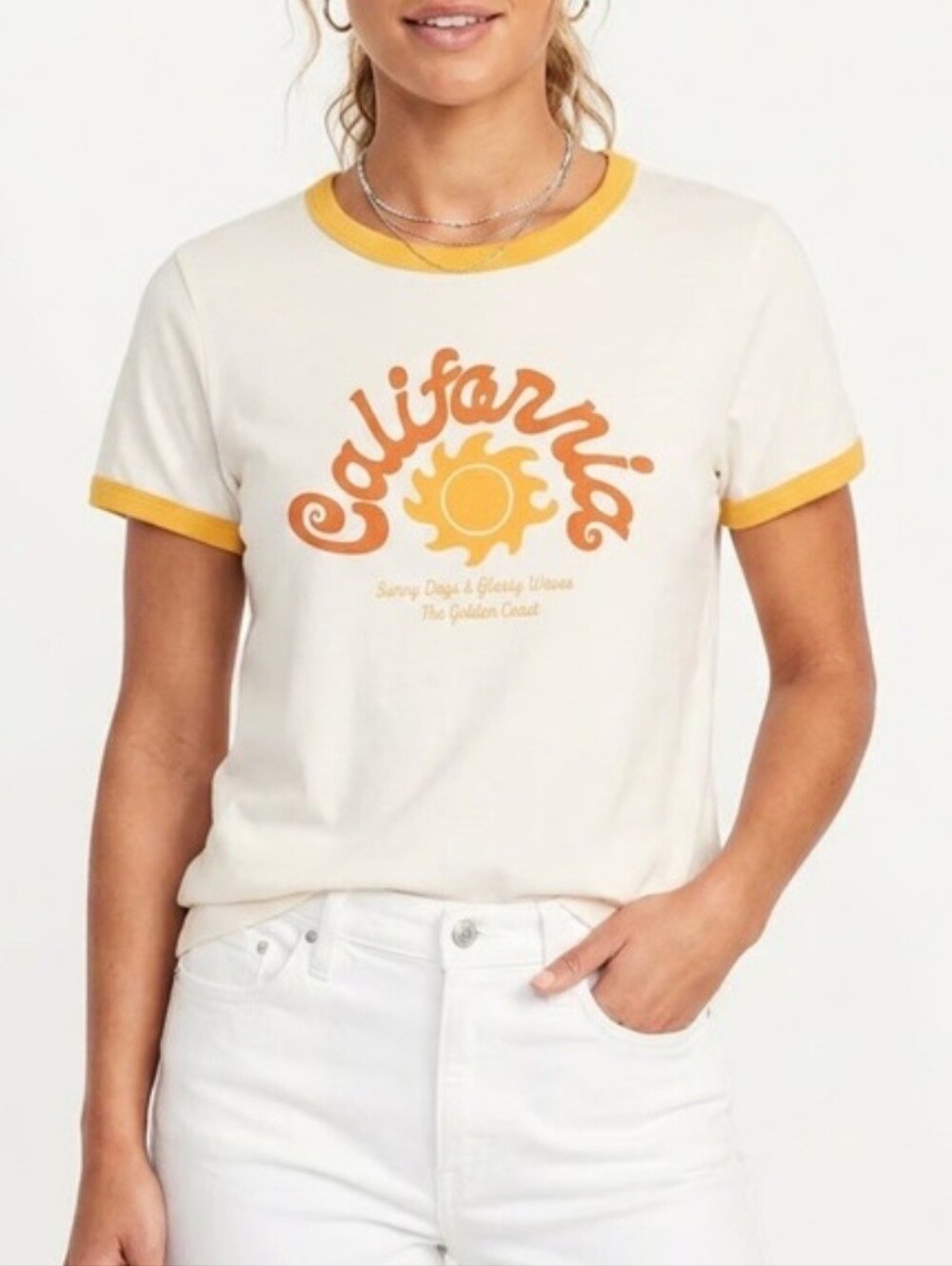 Old Navy California Sun Size Large Ringer Tee Cream Yellow Graphic T-Shirt